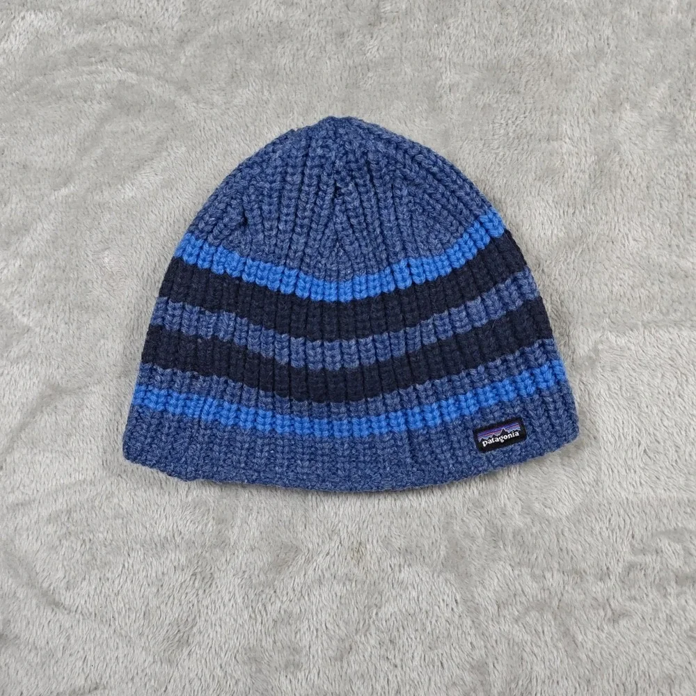 Patagonia Beanie Mens One Size Blue Striped Merino Wool Fleece Lined 29120